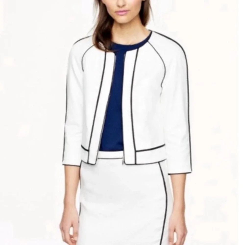 NEW J.Crew Linen Blazer Jacket White Black Piping‎ Zip Front 3/4 Sleeve Sz 12